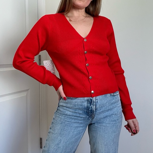 V-neck Ribbed Long Sleeve Snap Front Cardigan - Picture 1 of 9